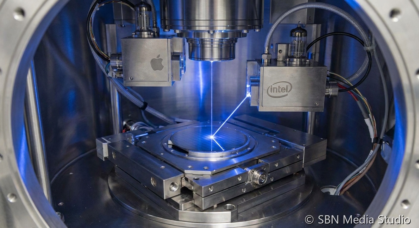 Apple silicon chip beside an Intel foundry wafer with a U.S. flag and Arizona fab silhouette representing the May 8 2026 preliminary manufacturing agreement that pulls Apple supply chain away from TSMC exclusivity