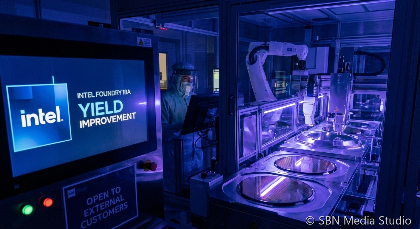 Intel semiconductor fabrication facility showing 18A process node wafers and cleanroom manufacturing environment