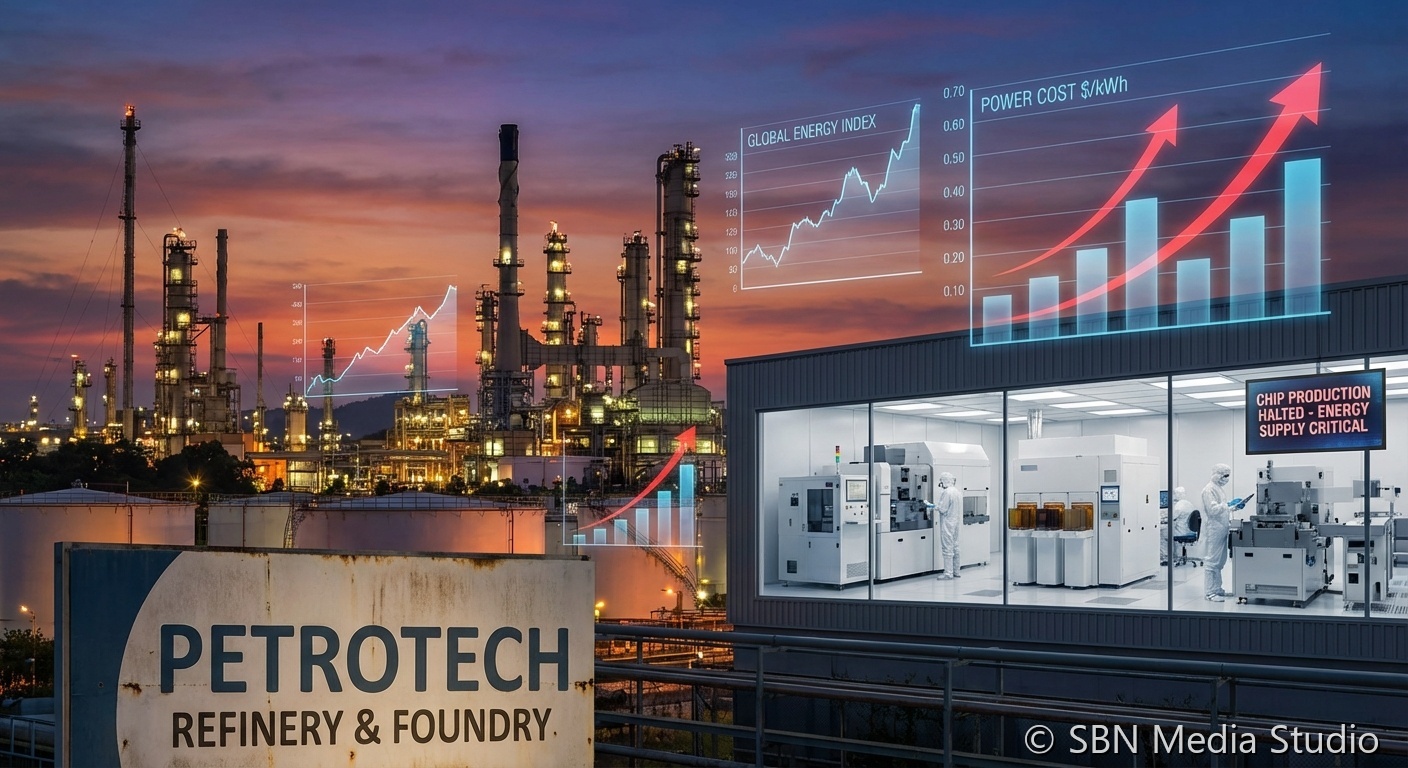 Oil refinery industrial complex at dusk representing surging energy costs impacting semiconductor fabrication