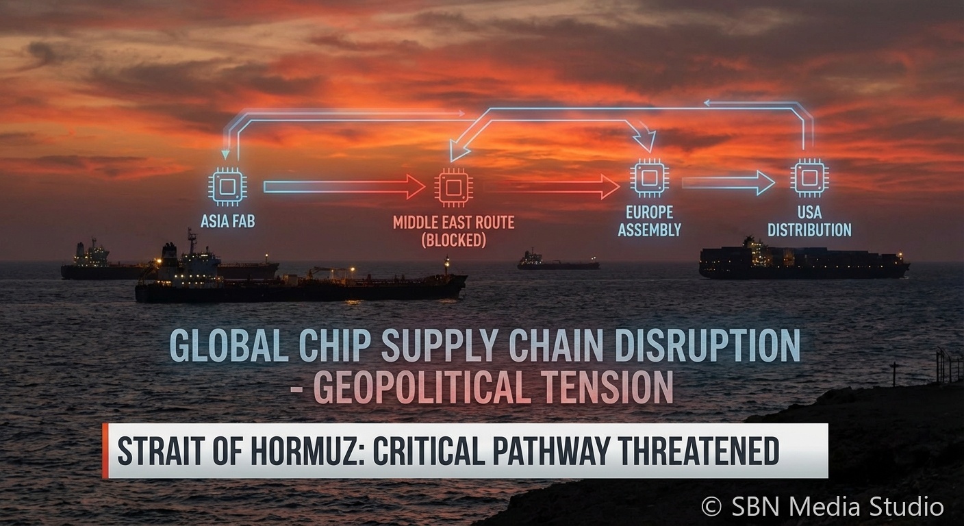 Global supply chain map with shipping routes through the Strait of Hormuz representing geopolitical semiconductor risks