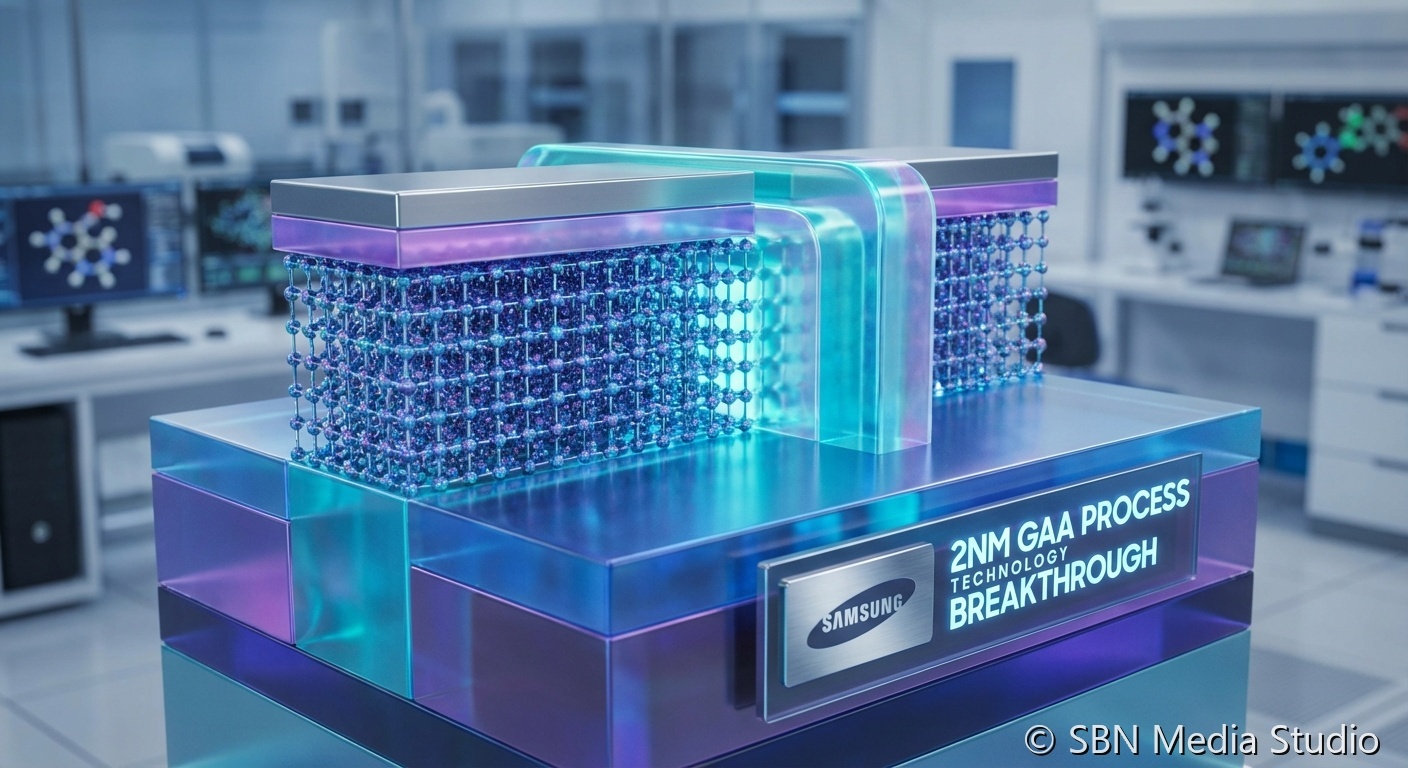 Advanced chip wafer representing Samsung 2nm gate-all-around transistor technology