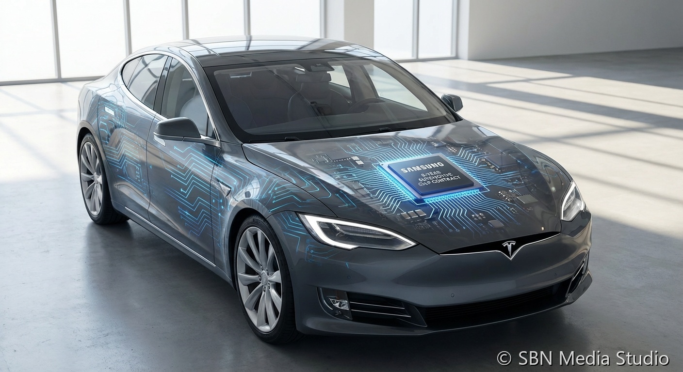 Automotive electronics and AI chip visualization for Tesla and Samsung partnership