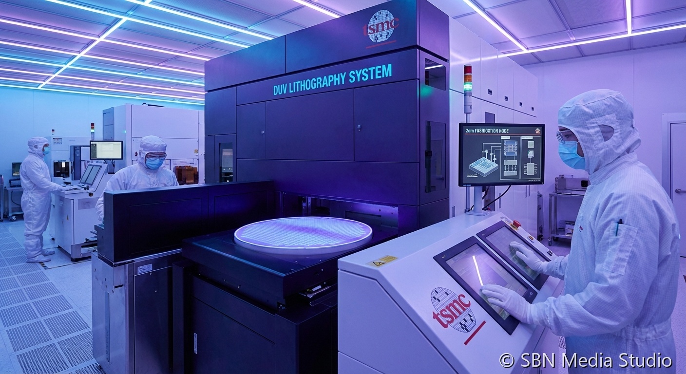 Photorealistic semiconductor wafer under EUV lithography equipment with blue-purple lighting, representing TSMC 2nm chip fabrication