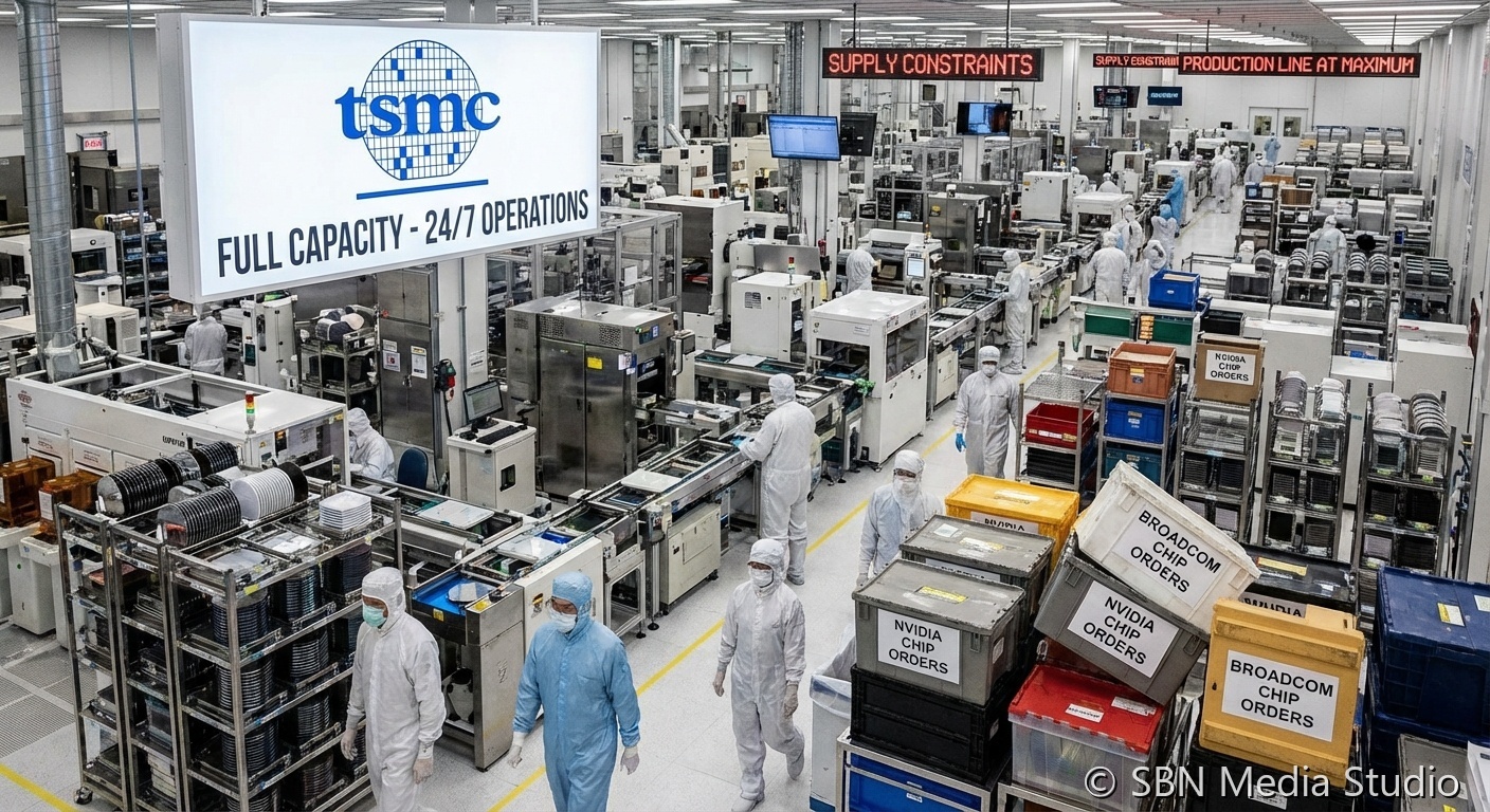 Supply chain visualization representing TSMC capacity constraints and chip shortage dynamics